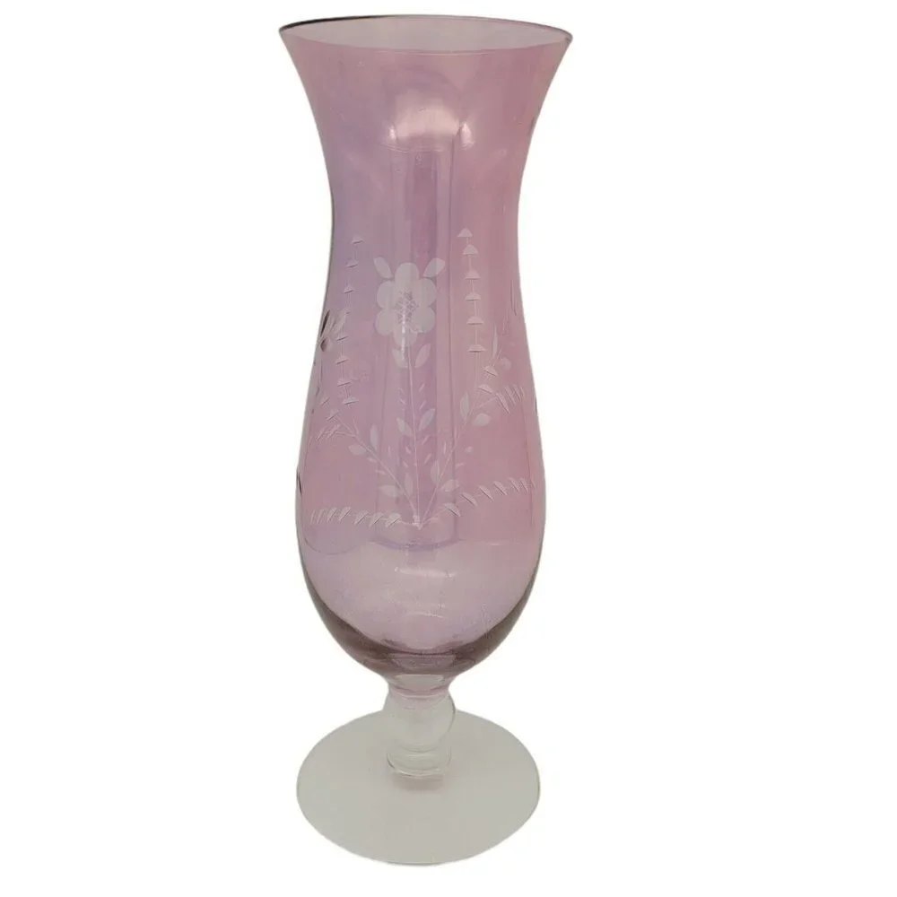 Vintage Amethyst Etched Flashed Glass Vase Light Purple Opalescent Sheen 10